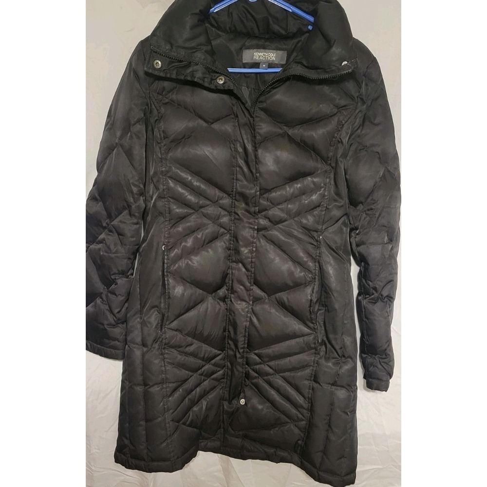 Kenneth Cole Women's Puffer Jacket Size m Long Black Duck Down‎ Filler Zip/Snap